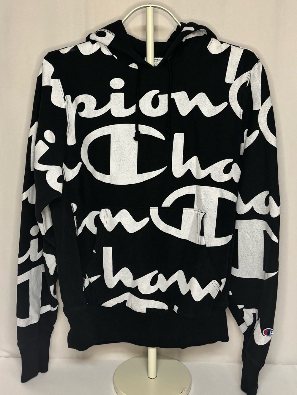 Champion Black Hoodie with Large White Logo Print